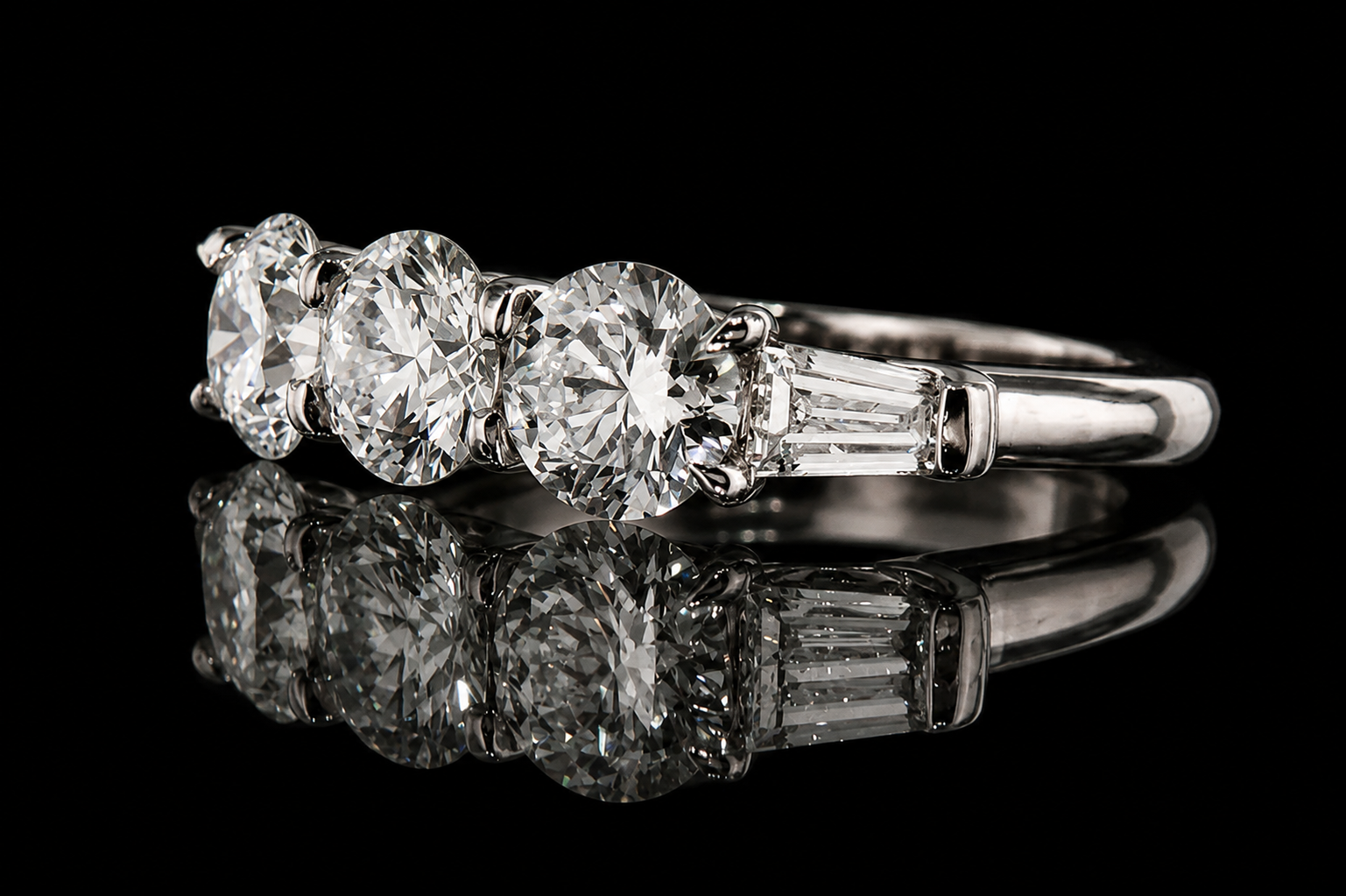 Three-Stone Round Diamond Ring with Tapered Baguettes (band127)