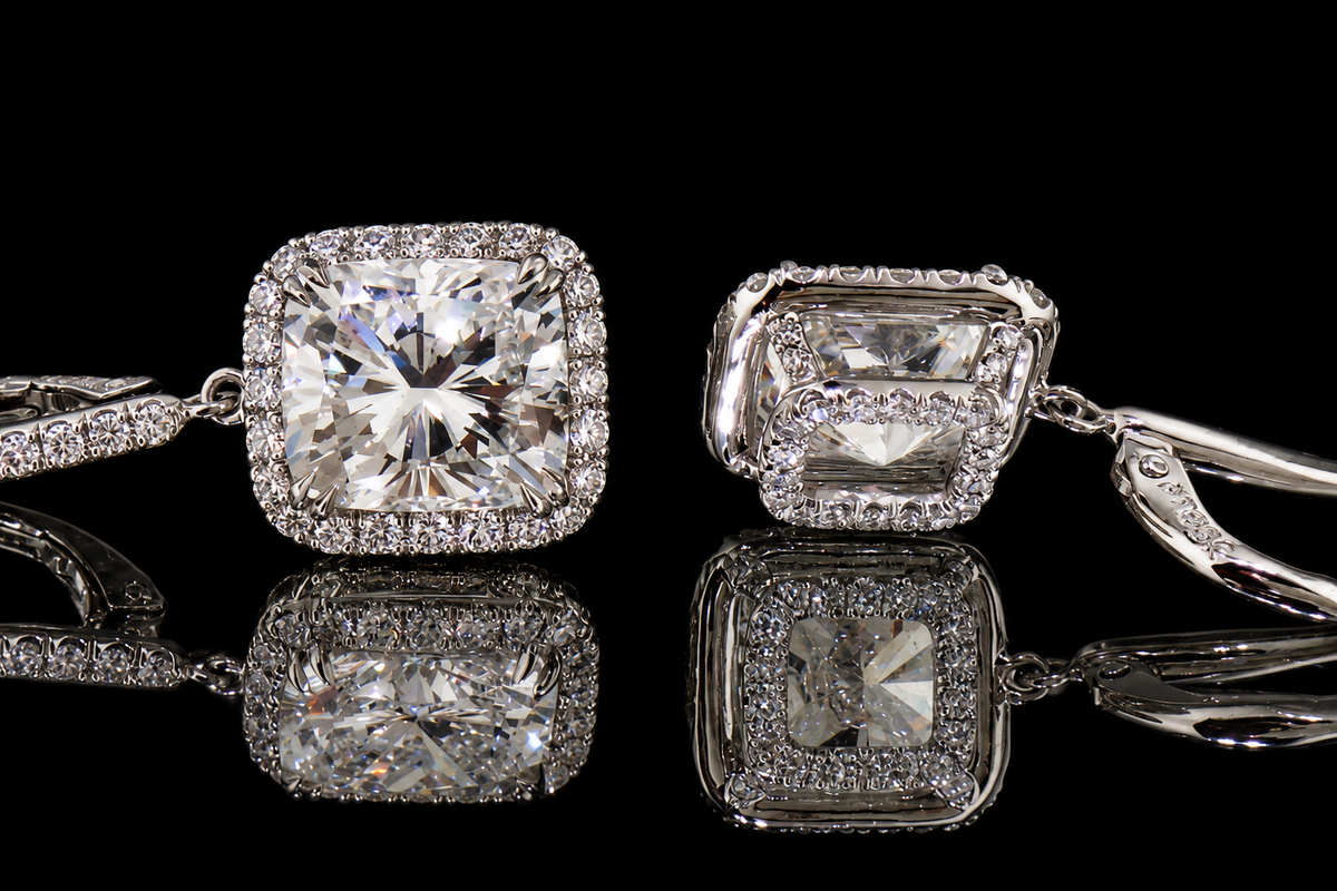 Cushion-Cut Diamond Micropavé Halo Drop Earrings (ear066)