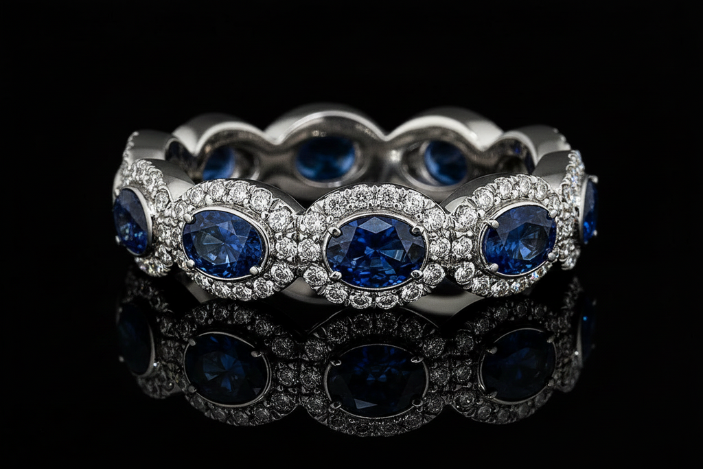 Oval sapphire or Ruby Bezel & Halo Eternity Band (Band016-1)