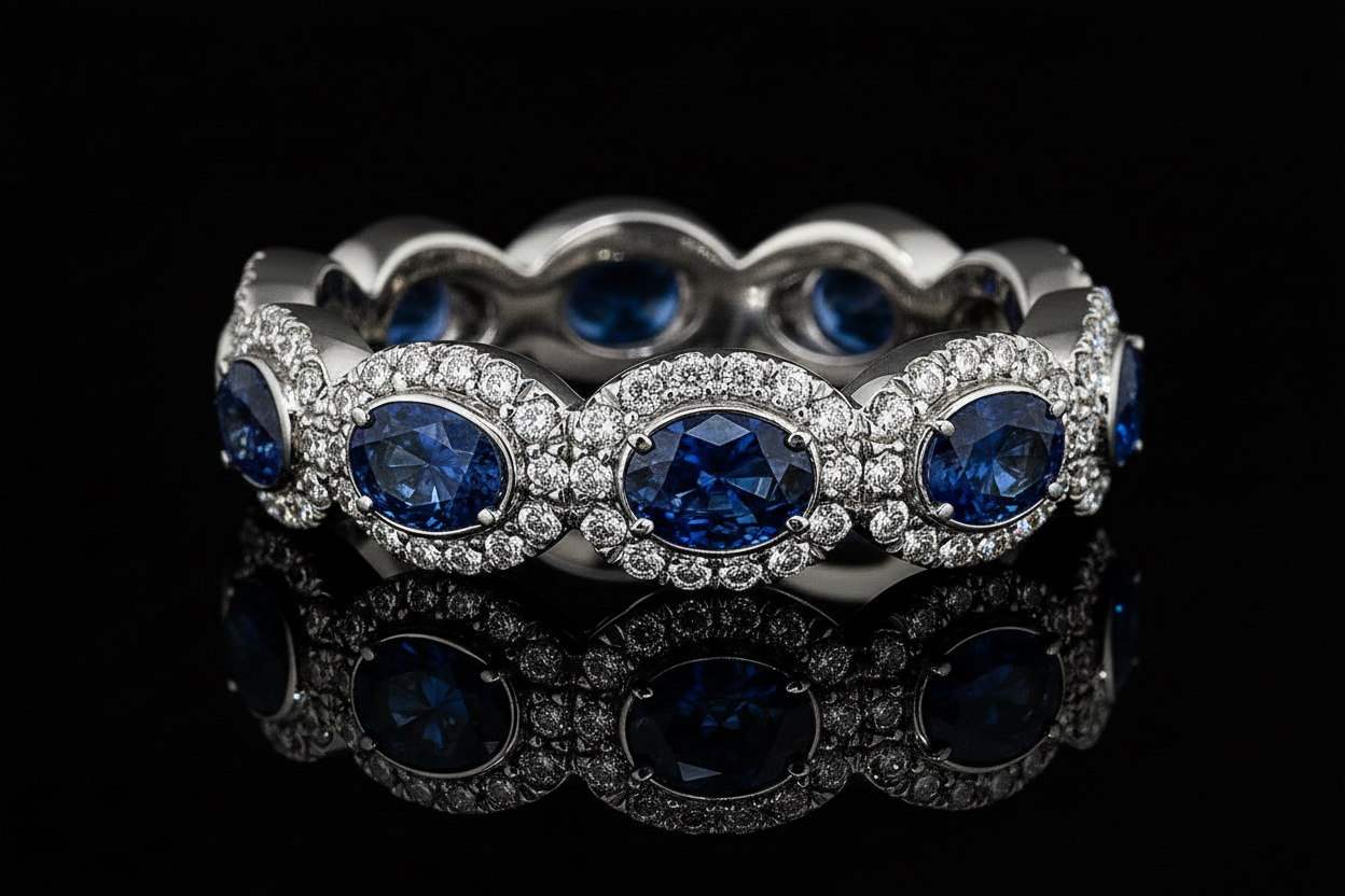 Oval sapphire or Ruby Bezel & Halo Eternity Band (Band016-1)
