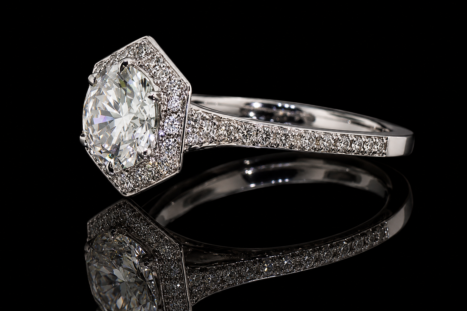 Round Brilliant Diamond Hexagon Halo Engagement Ring (eng039)