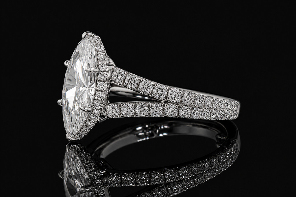 Marquise Diamond Halo Ring with Split Pavé Band (eng528)
