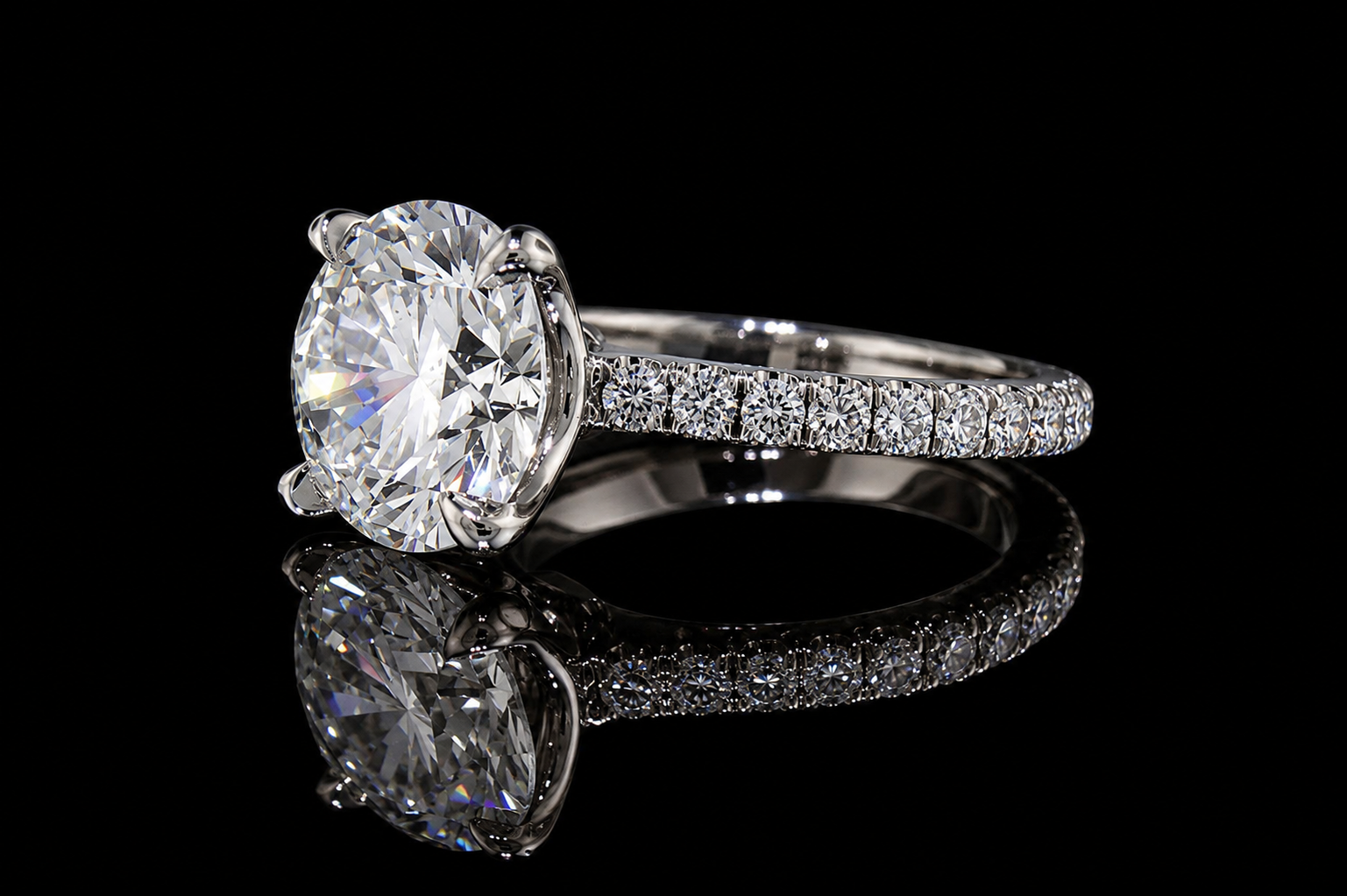Round Brilliant Diamond Solitaire Ring with Pavé Band and Hidden Halo (eng512)