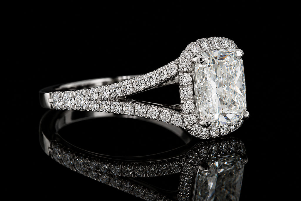 Cushion Cut Diamond Halo Split Shank Engagement Ring (eng034)