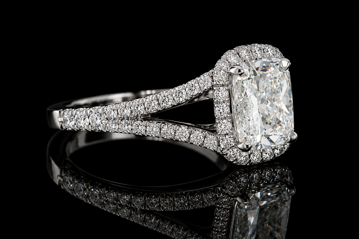 Cushion Cut Diamond Halo Split Shank Engagement Ring (eng034)