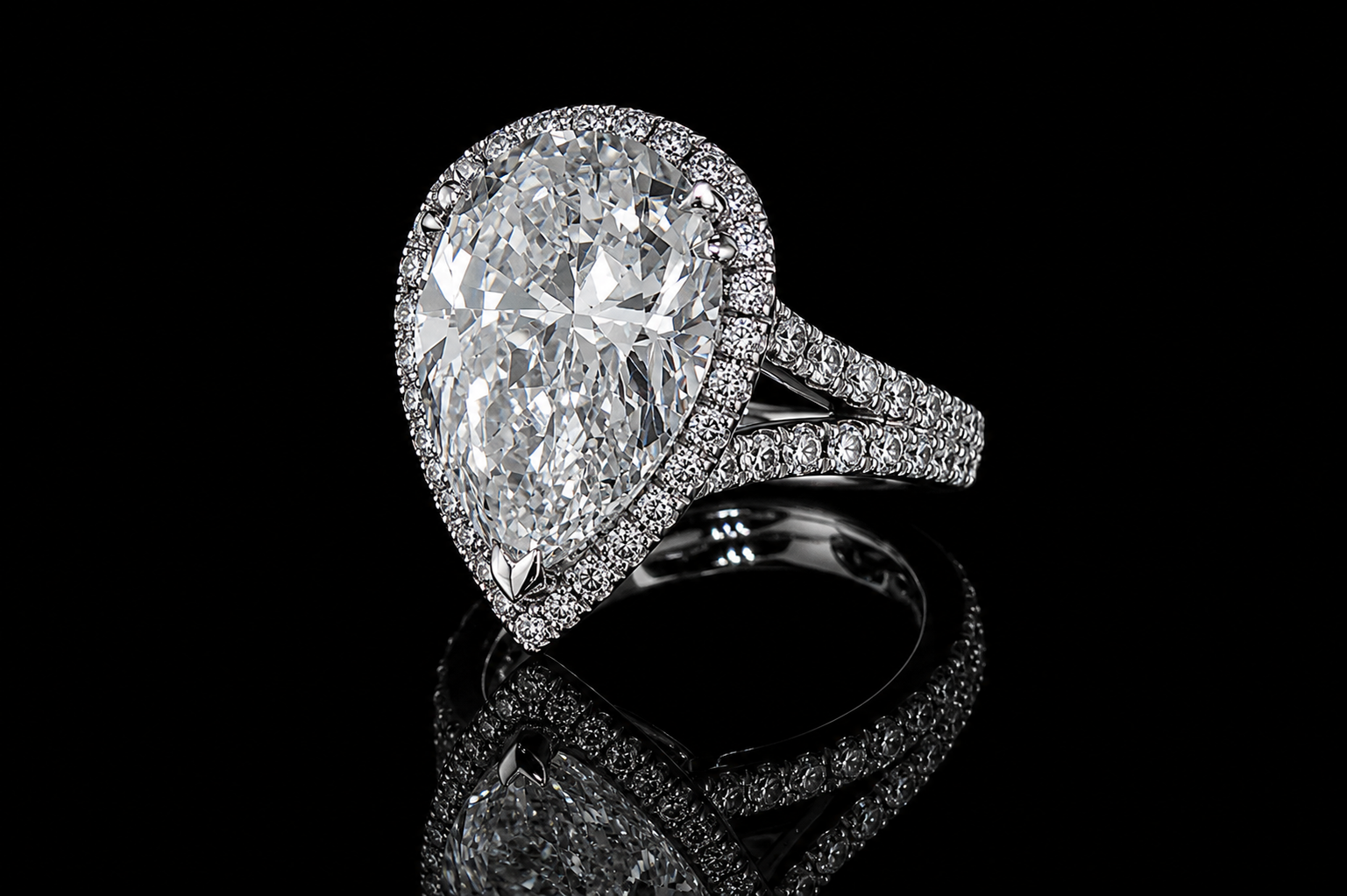 Pear Shaped Diamond Halo Ring with Split Pavé Band (eng529)
