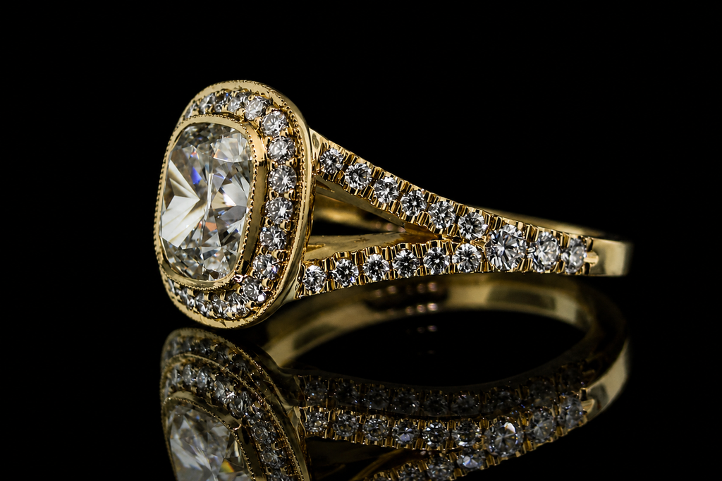 Cushion Cut Diamond Double Halo Split Shank Engagement Ring (eng150)