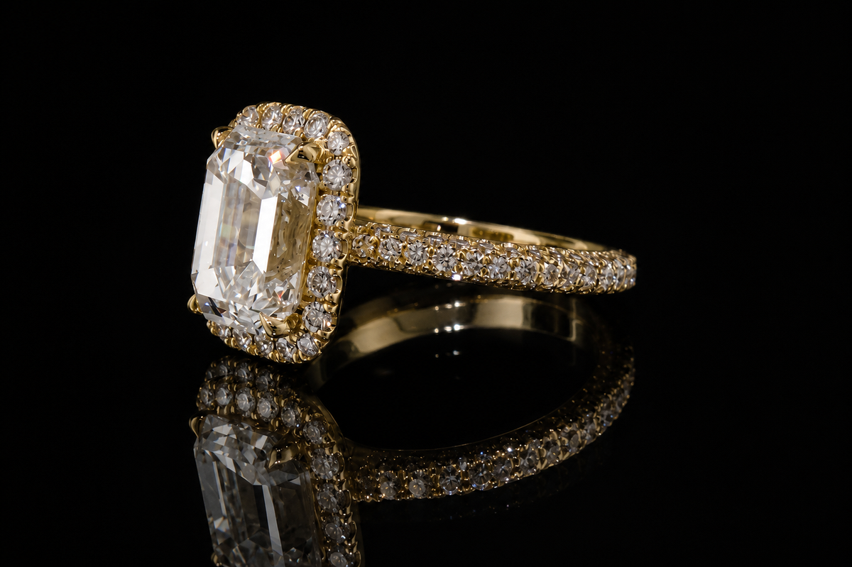 Yellow Gold Emerald Cut Diamond Halo Ring with Pavé Band (eng478)