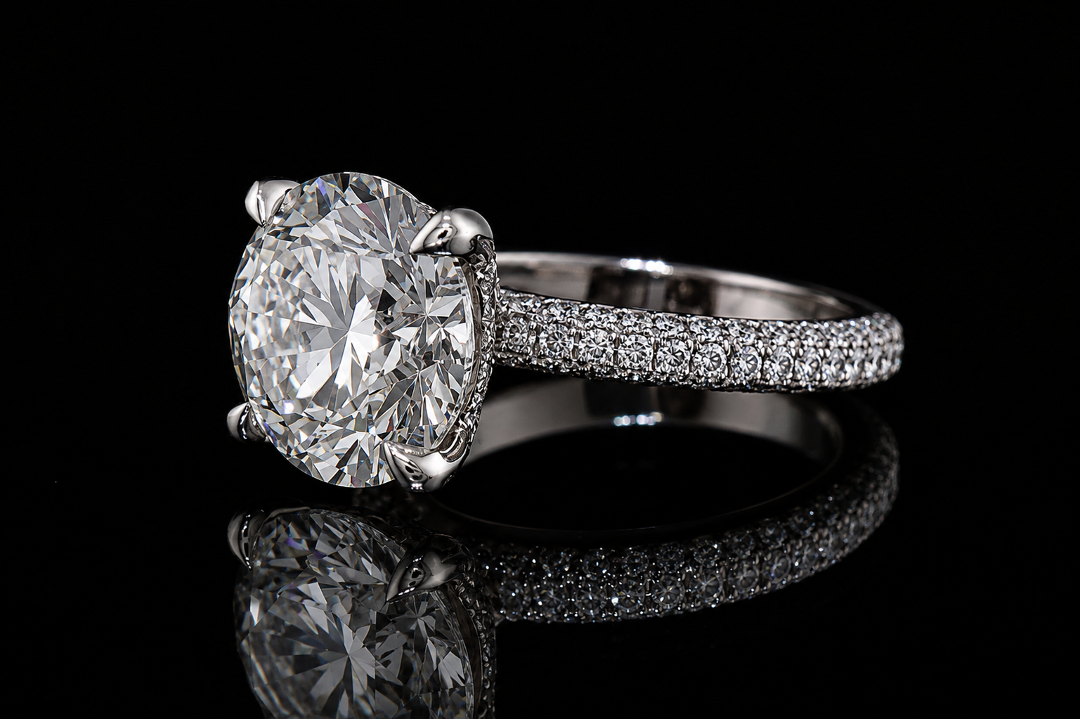 Round Brilliant Diamond Solitaire Ring with Triple Pavé Band (eng500)