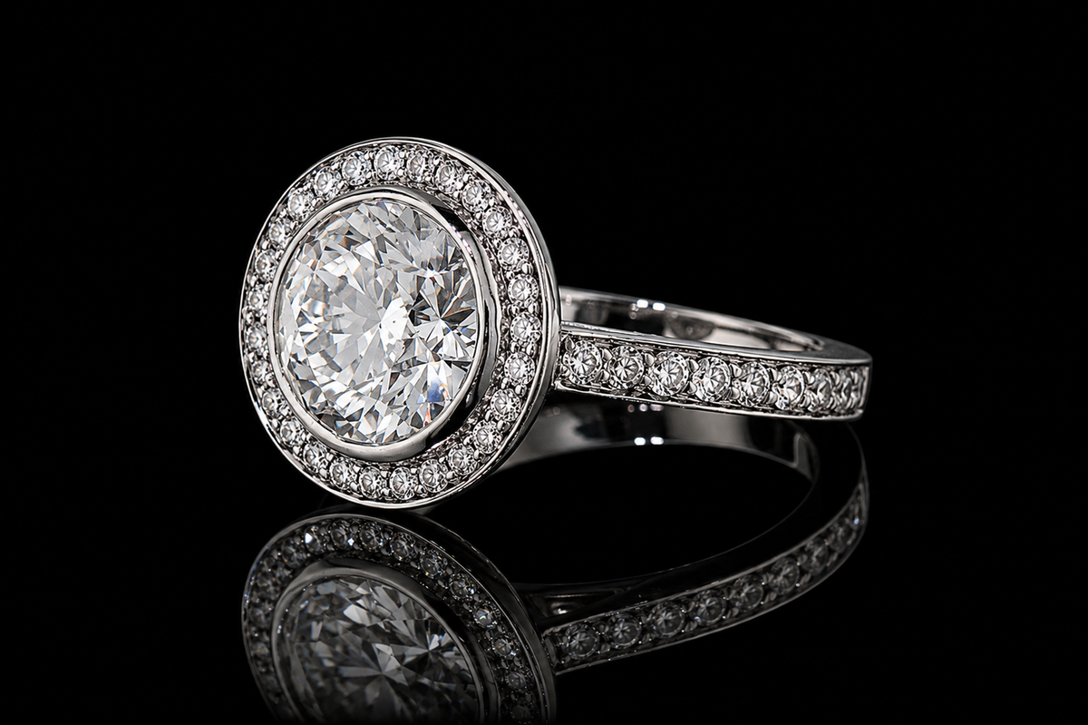 Round Brilliant Diamond Bezel Halo Ring with Pavé Band (eng523)