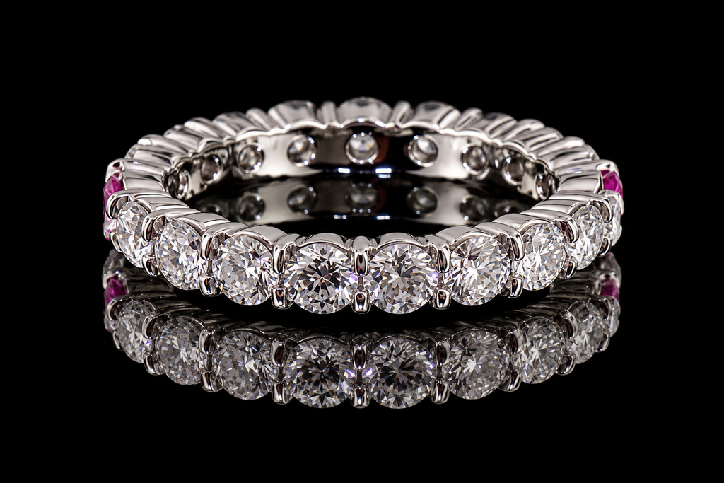 Round Brilliant Diamond Eternity Band with Pink Diamond Accents (band169)