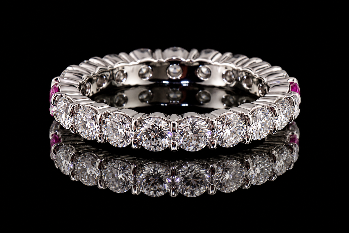 Round Brilliant Diamond Eternity Band with Pink Diamond Accents (band169)