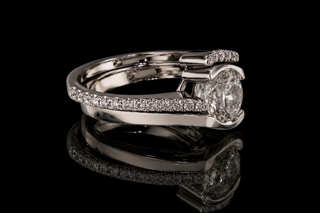 Round Brilliant Diamond Bypass Ring with Pavé Accents (eng460)