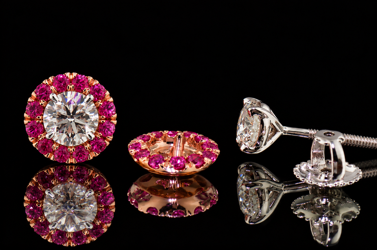 Two-Tone Diamond Studs with Pink Sapphire Halo Jackets (ear006)