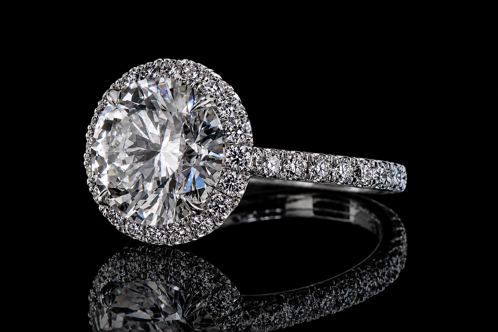 Round Brilliant Diamond Halo Engagement Ring with Pavé Band (eng320)