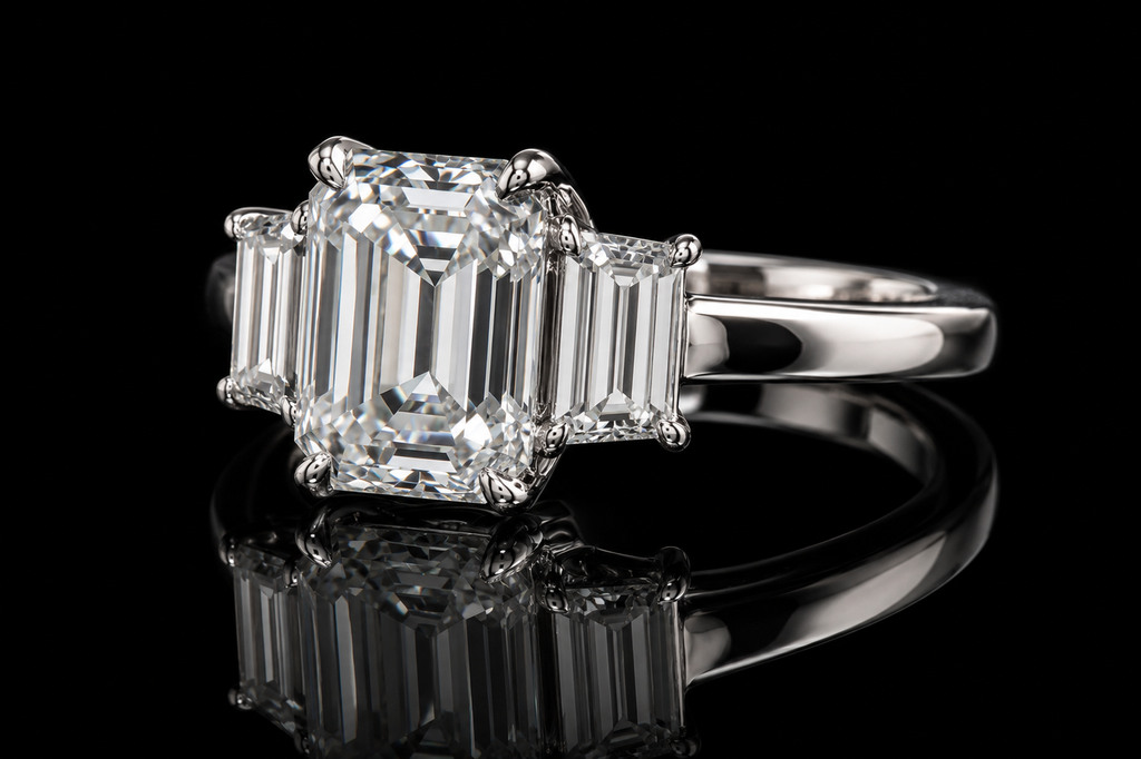 Emerald-Cut Diamond Ring with Trapezoid Side Diamonds (ENG786-1)