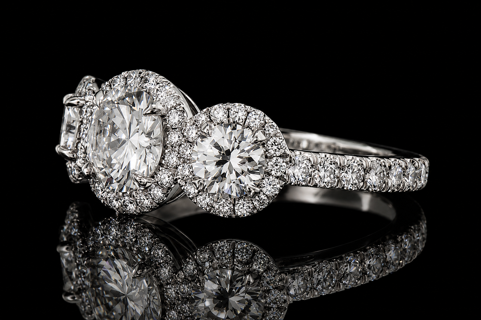 Three-Stone Halo Diamond Engagement Ring (eng406)