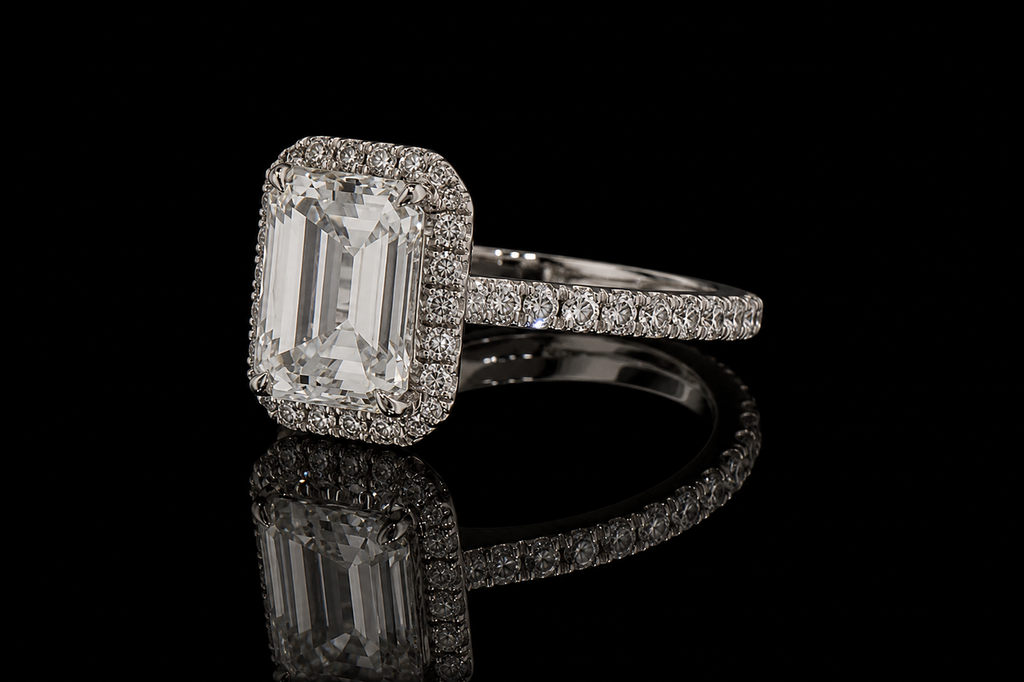 Emerald Cut Diamond Halo Ring with Pavé Band (eng463)
