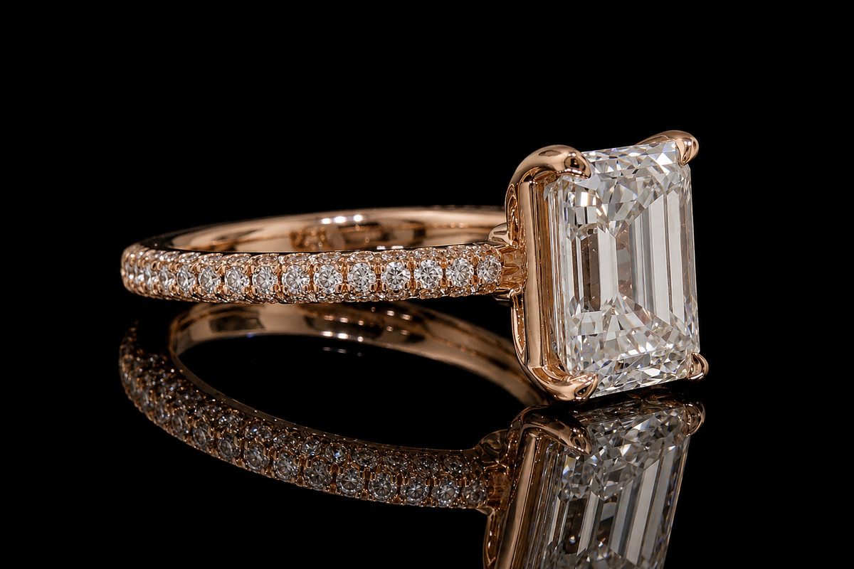 Emerald Cut Diamond Solitaire Engagement Ring in 18K Rose Gold (eng452)
