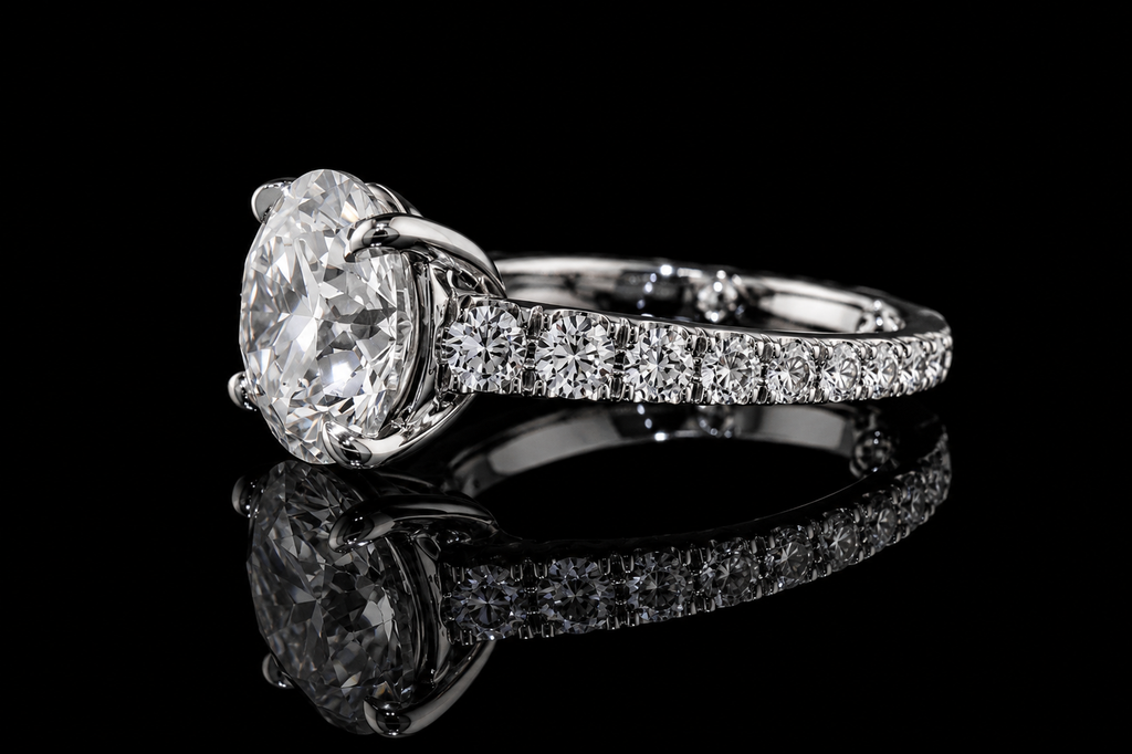 Round Brilliant Diamond Solitaire Ring with Hidden Halo and Pavé Band (eng504)
