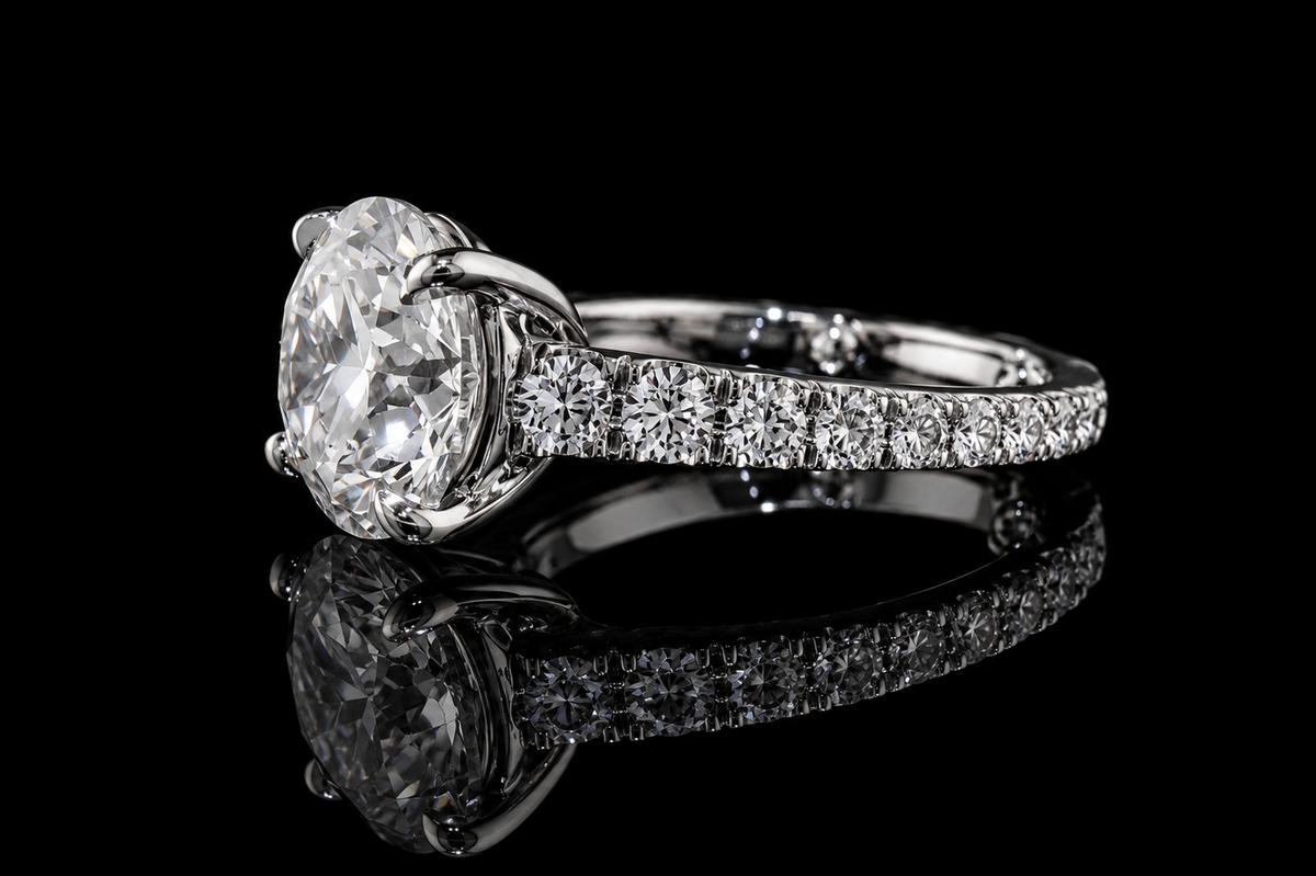 Round Brilliant Diamond Solitaire Ring with Hidden Halo and Pavé Band (eng504)