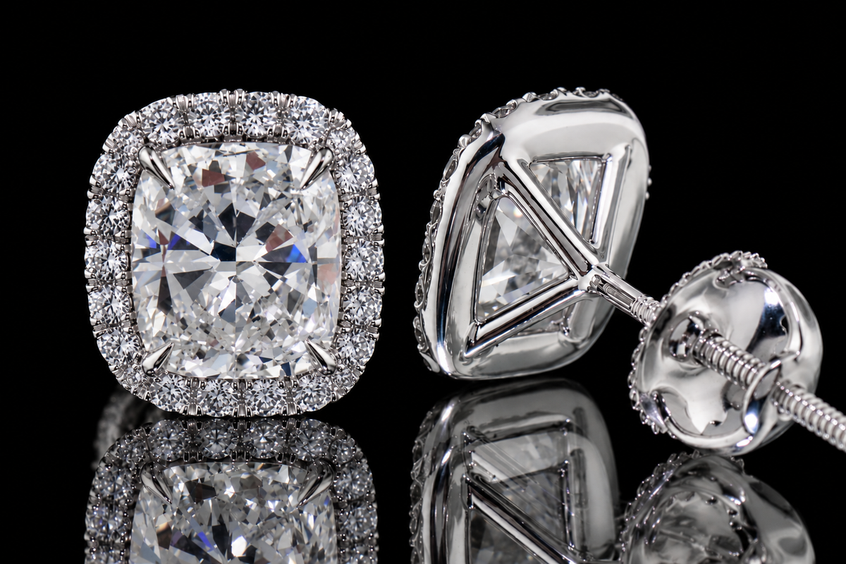 Cushion-Cut Diamond Halo Stud Earrings (ear003)