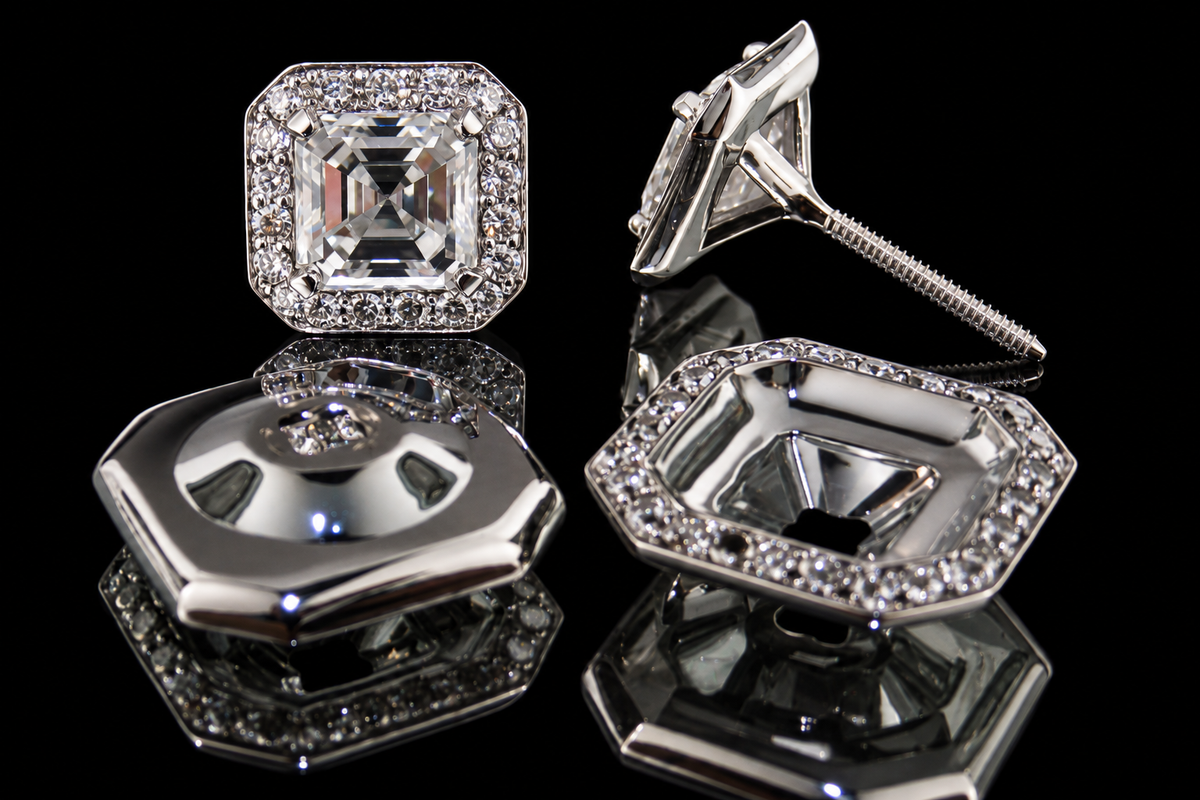 Asscher-Cut Diamond Studs with Removable Halo Jackets (ear025)