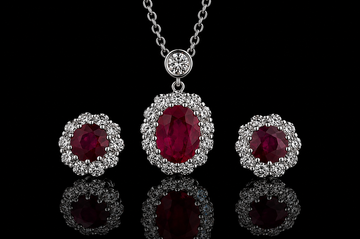 Ruby & Diamond Halo Pendant with Matching Earrings (pend072)