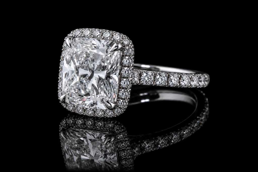 Cushion Cut Diamond Halo Ring with Pavé Band (eng548)