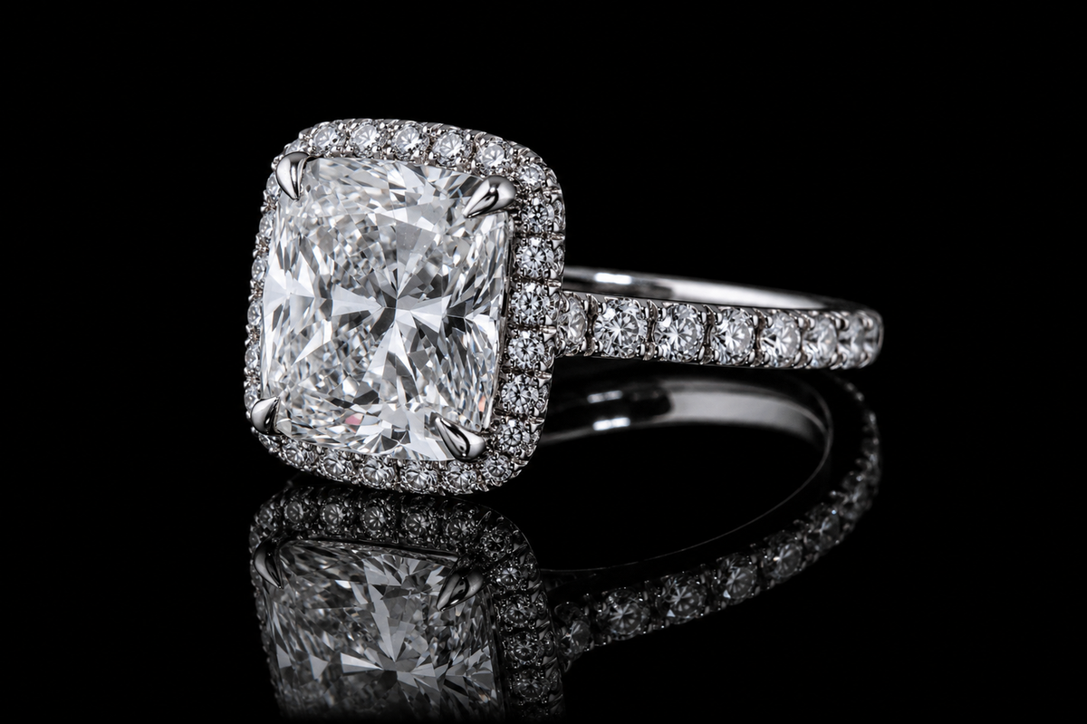 Cushion Cut Diamond Halo Ring with Pavé Band (eng548)