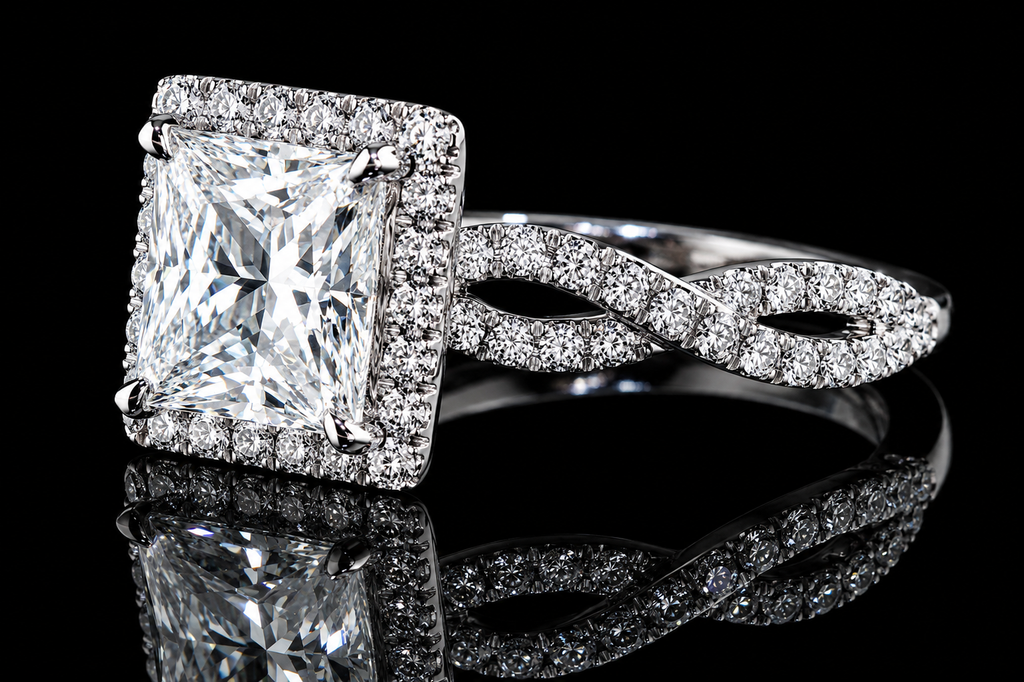 Princess Cut Diamond Halo Twisted Split Shank Engagement Ring (eng029)