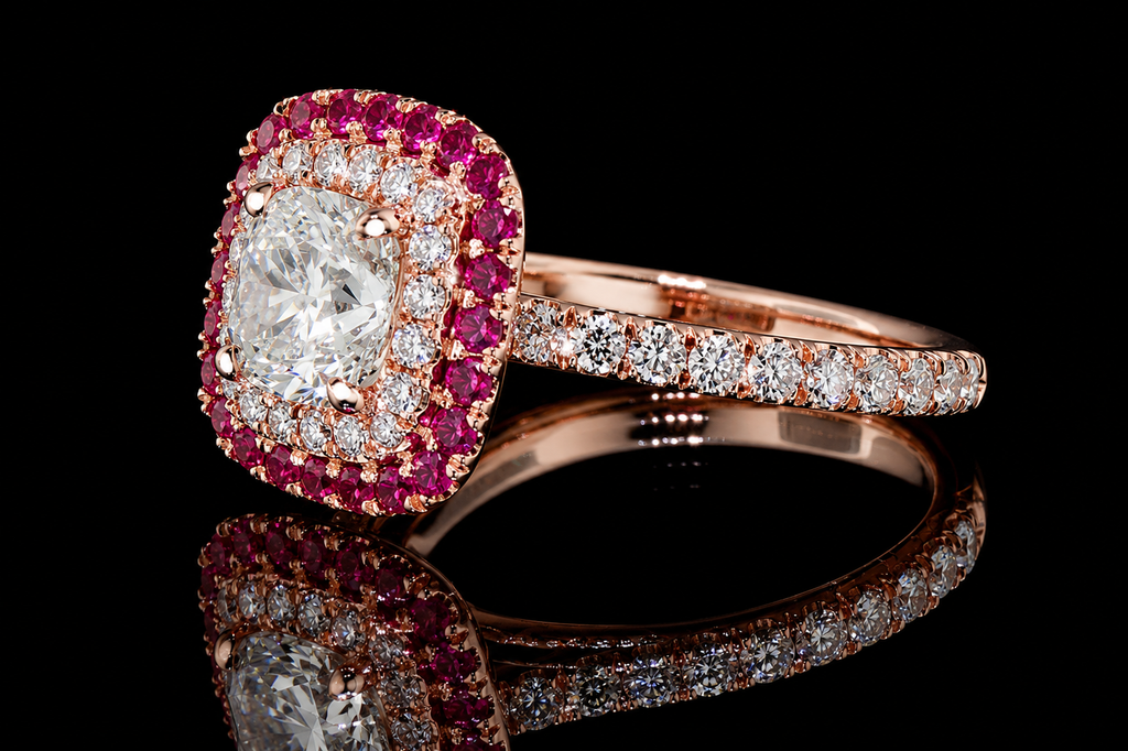 Rose Gold Double Halo Round Cushion Engagement Ring (eng360)