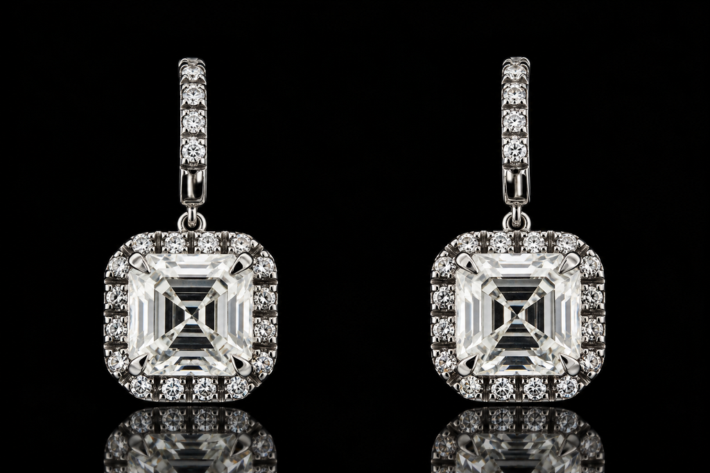 Asscher-Cut Diamond Halo Drop Earrings (ear010)
