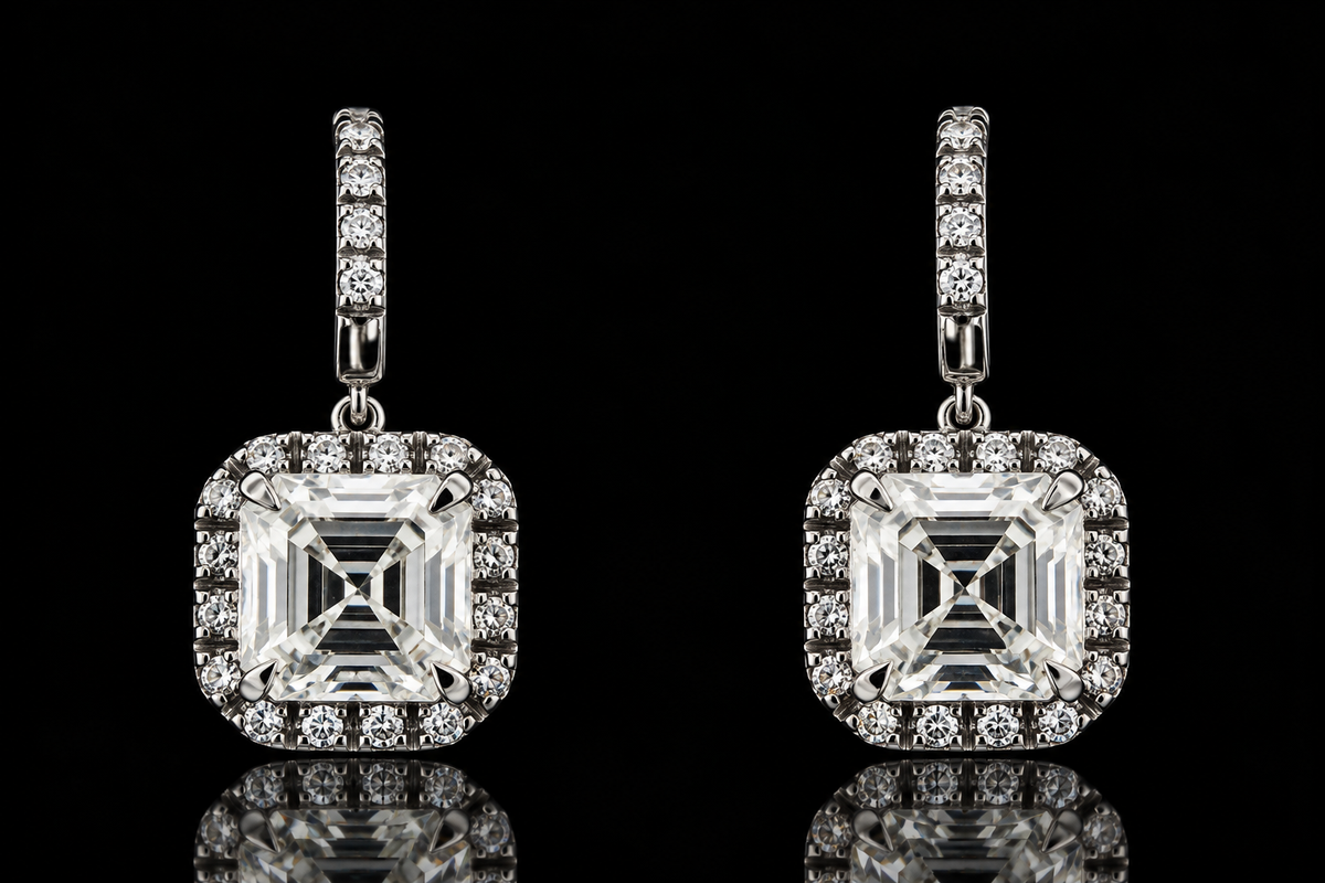 Asscher-Cut Diamond Halo Drop Earrings (ear010)