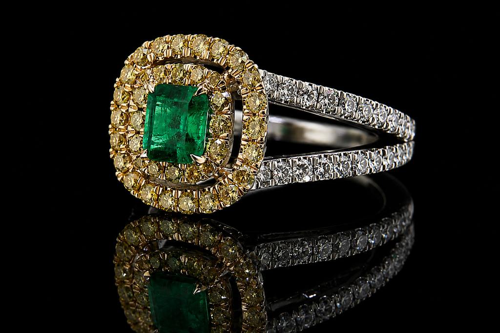 Emerald Cut Emerald Double Yellow Diamond Halo Ring (eng170)