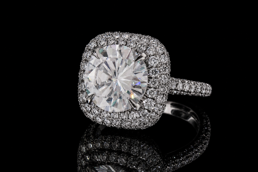 Round Brilliant Diamond Double Halo Ring with Pavé Band (eng545)