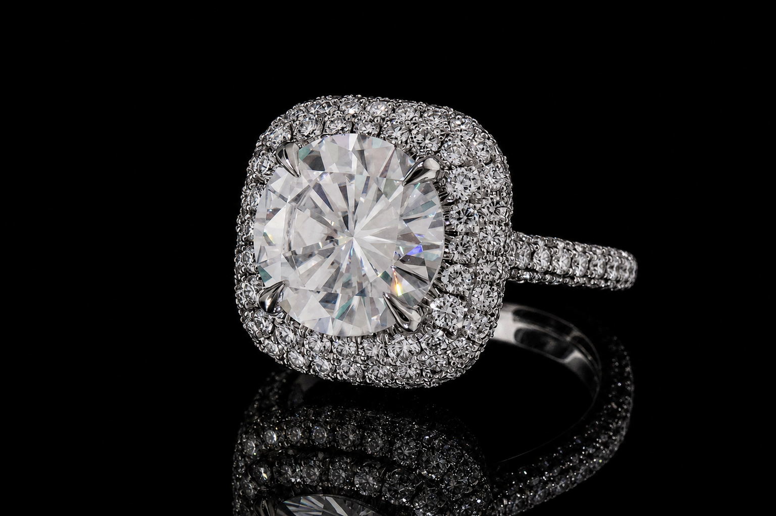 Round Brilliant Diamond Double Halo Ring with Pavé Band (eng545)