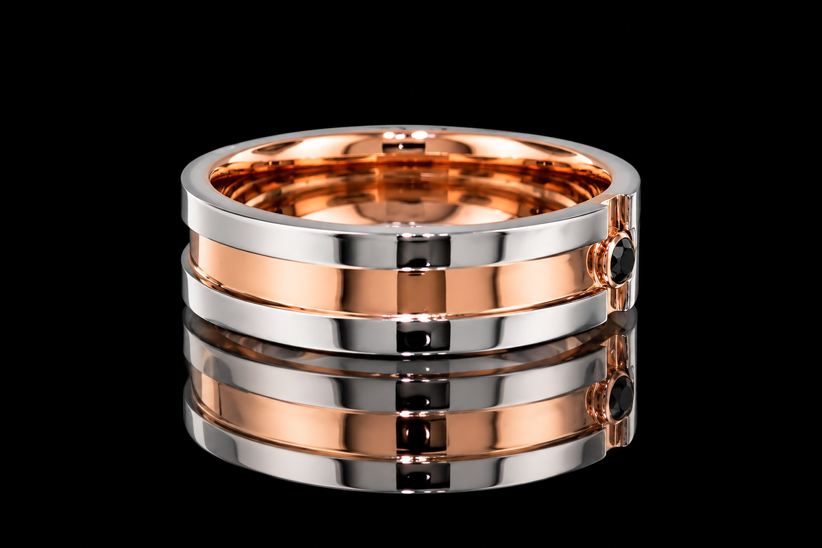 Two-Tone Rose Gold and Platinum Black Diamond Men's Band (band174)