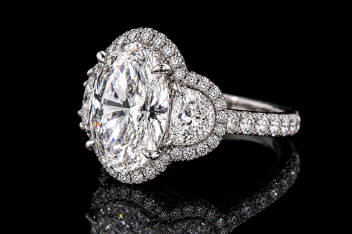 Oval Diamond Three-Stone Halo Engagement Ring (eng433)