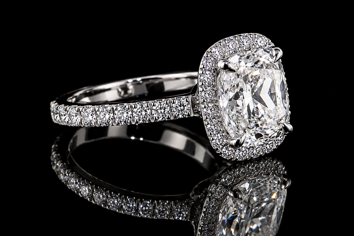 Cushion Cut Diamond Halo Pavé Engagement Ring (eng014)