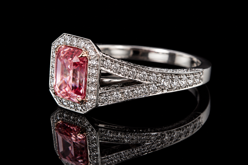 Emerald Cut Pink  Diamond Halo Split Shank Ring (eng129)