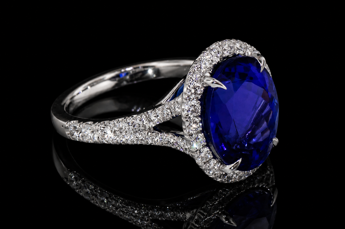 Oval Blue Sapphire Halo Ring with Split Pavé Band (eng544)