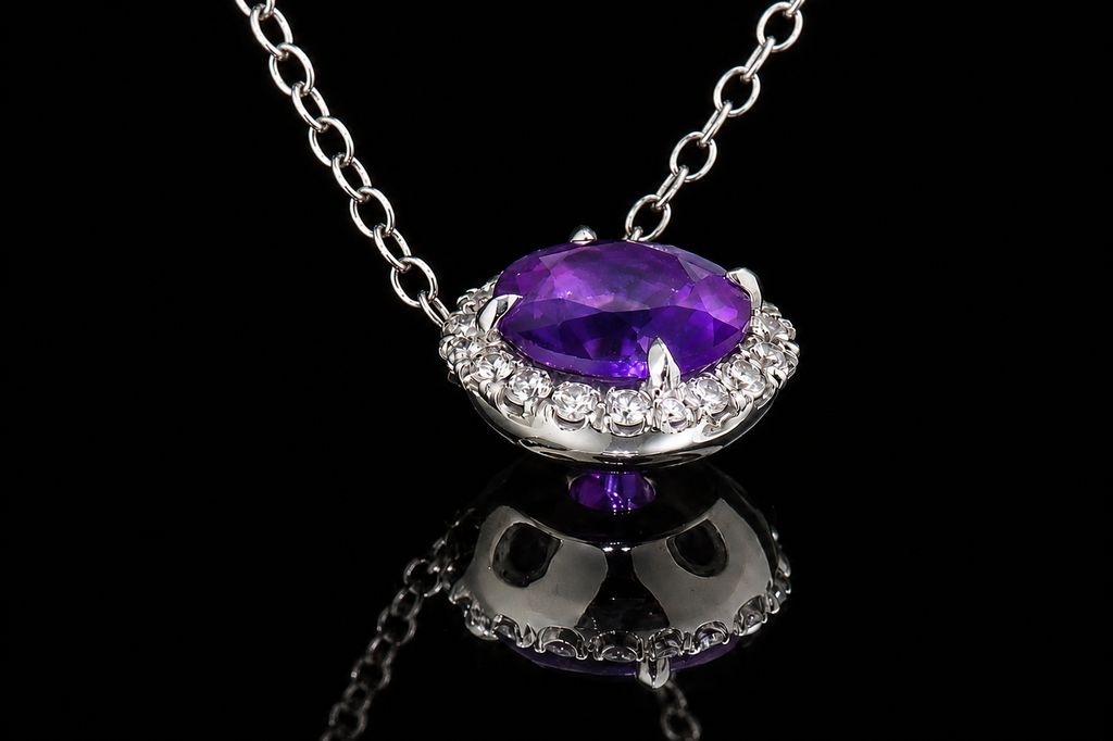 14K White Gold Amethyst & Diamond Halo Pendant (pend004)