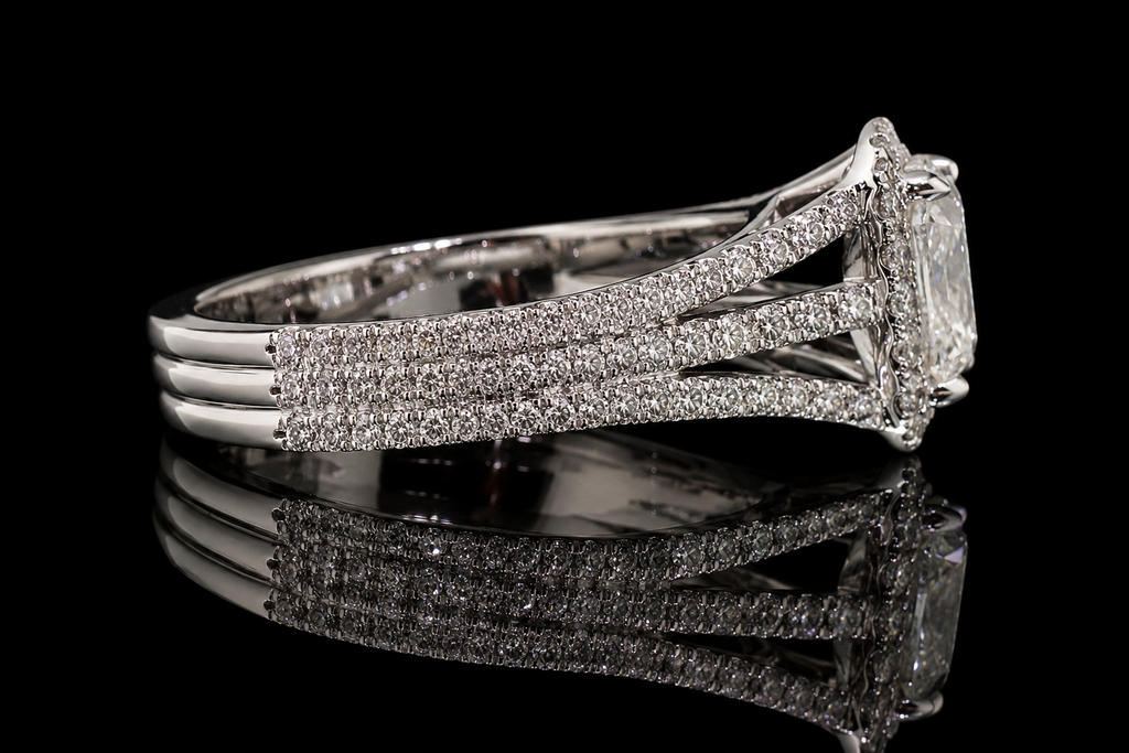 Cushion Cut Diamond Halo Triple Split Shank Engagement Ring (eng036)