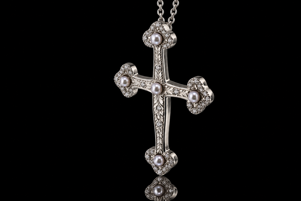 Hand-Engraved Diamond & Pearl Cross Pendant (pend086)