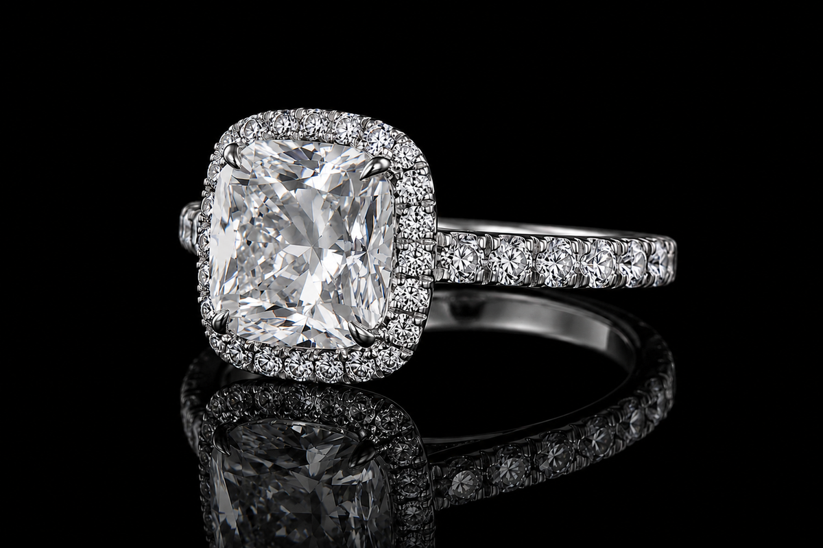Cushion Cut Diamond Halo Ring with Pavé Band (eng511)