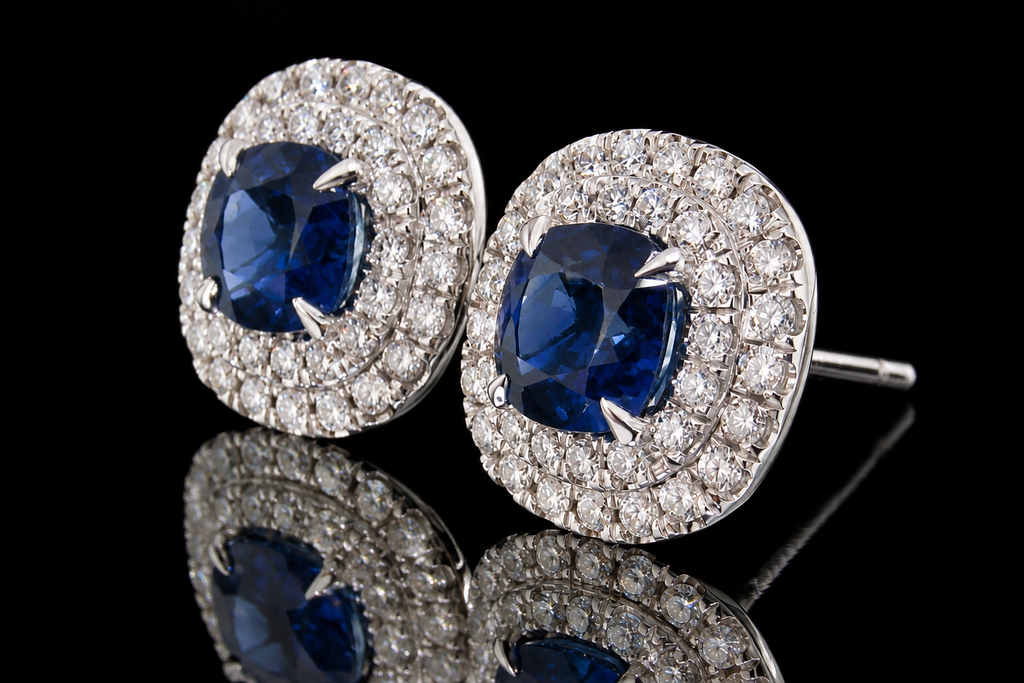 Sapphire Double Halo Micropavé Diamond Stud Earrings (ear017)