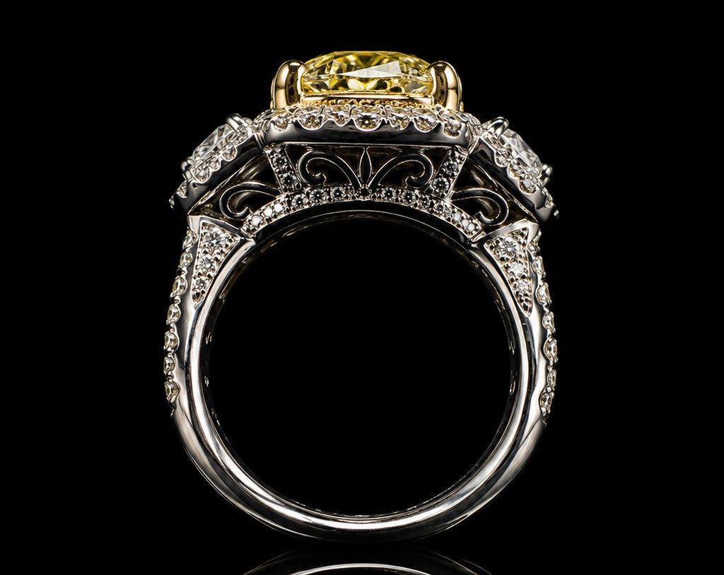 Cushion Cut Fancy Yellow Diamond Three-Stone Halo Ring (eng788)