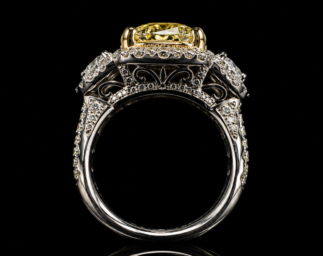 Cushion Cut Fancy Yellow Diamond Three-Stone Halo Ring (eng788)