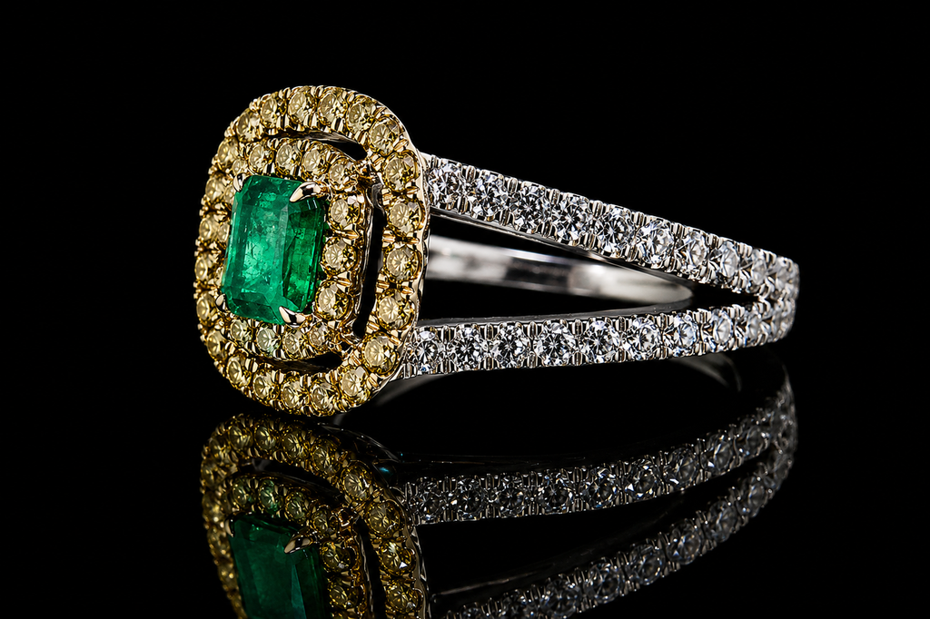 Emerald Cut Emerald Double Yellow Diamond Halo Ring (eng170)